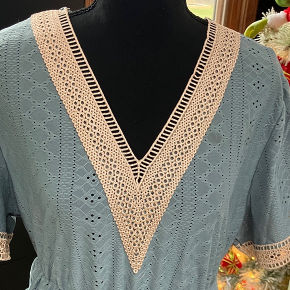 SHEIN Blue Eyelet Lace Trim Blouse - Picture 3 of 6